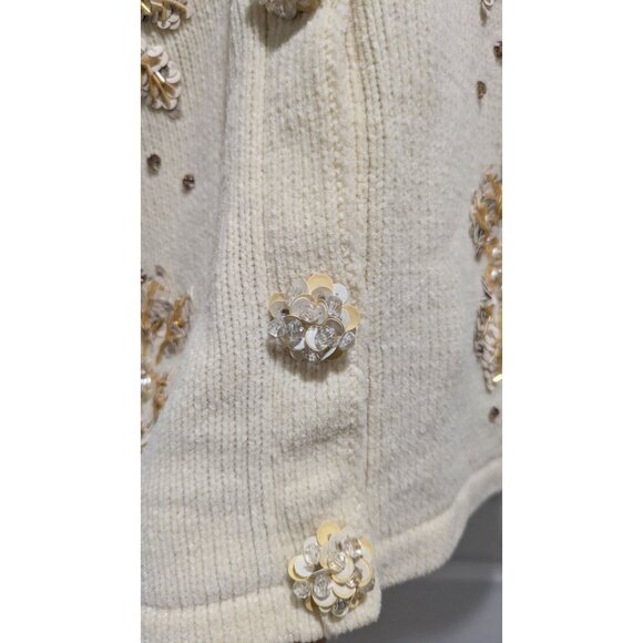 VTG J Two New York Womens Cardigan XXL Cream Faux Fur Collar Sequins Snowflakes - Picture 10 of 13